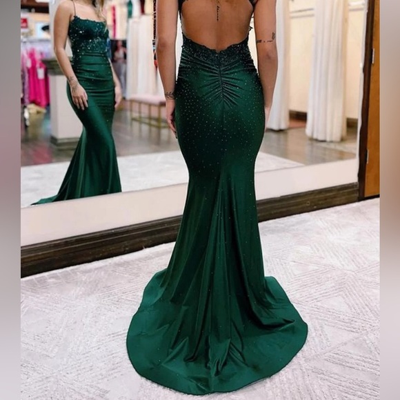 Hellymoon Dark Green Mermaid Spaghetti Strap Long Prom Dress w/ Appliqués Size 2 - Picture 6 of 16